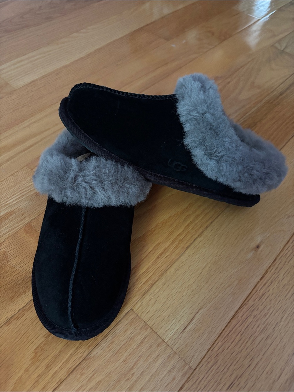 UGG Black Suede Shearling-Trim Slip-On Slippers